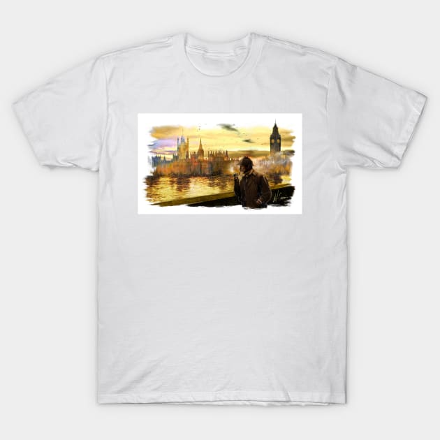 Sherlock Holmes walking on the Thames T-Shirt by miquelcazanya